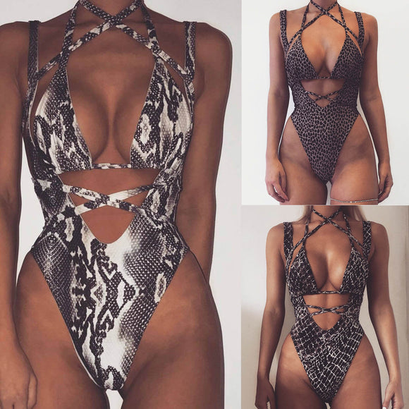 Maillot De Bain Léopard En Serpent Dos Nu Bandage Monokini