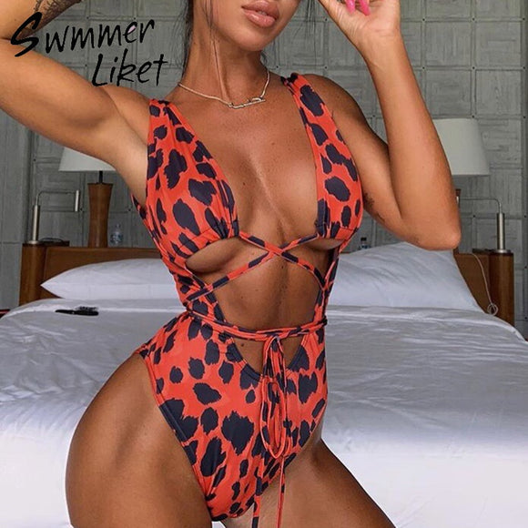 Maillot de bain léopard une pièce Bandage bikini push up monokini Taille haute